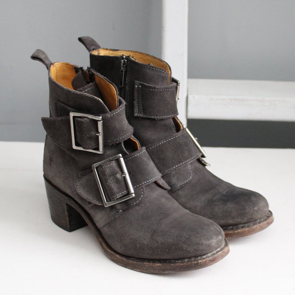 FRYE Women's Sabrina Double Buckle Suede Heel Boot Charcoal Brown USA Size 7 - Picture 2 of 8